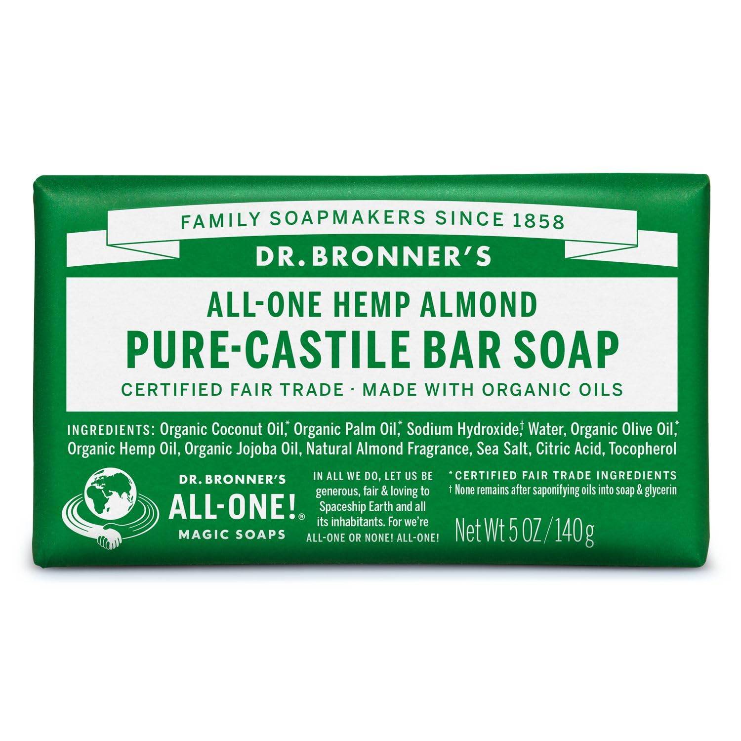 Dr. Bronner’s - Pure-Castile Bar Soap (Almond, 5 ounce) - Made with Organic Oils, For Face, Body and Hair, Gentle and Moisturizing, Biodegradable, Vegan, Cruelty-free, Non-GMO